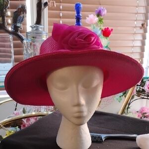 Elegant Pink Wide-Brim Hat with Floral Accent